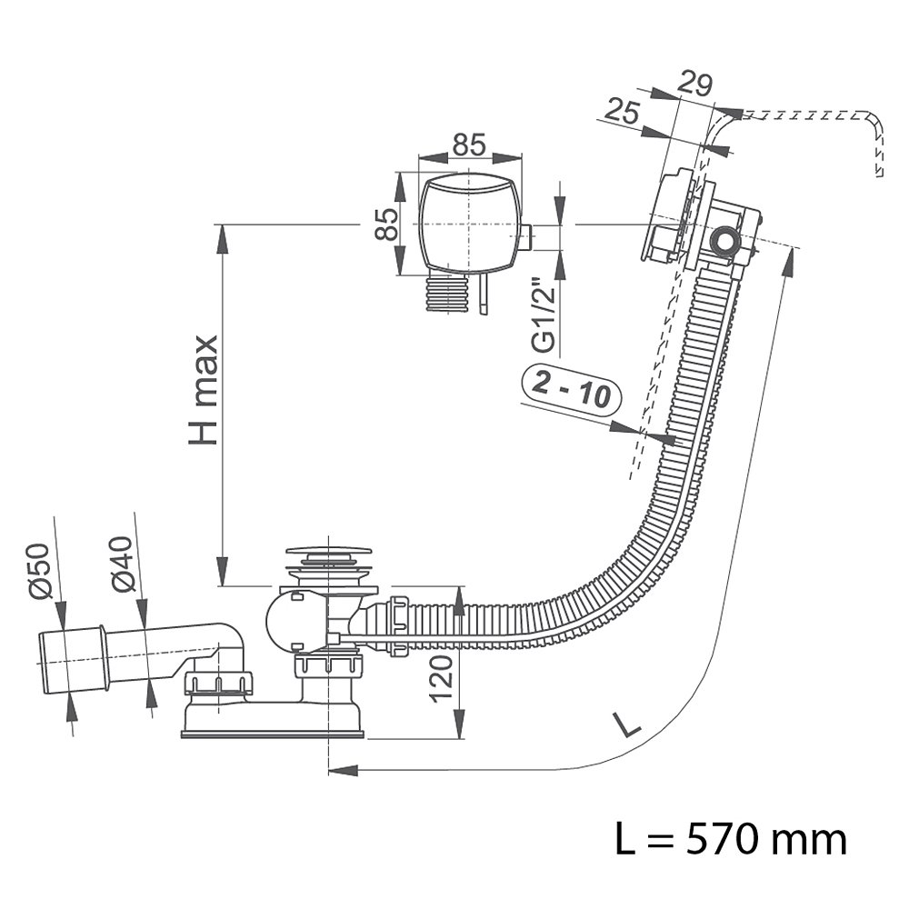 Sifón vaňový - S NAPÚŠŤANÍM PREPADOM (L = 570 mm)